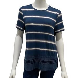 LAUNDRY NWT $69 Navy/White Tie Dye Tee Crochet Lace Hemline Size S